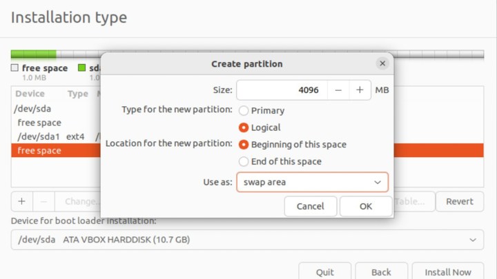 معالج قسم Ubuntu مع إعداد منطقة المبادلة