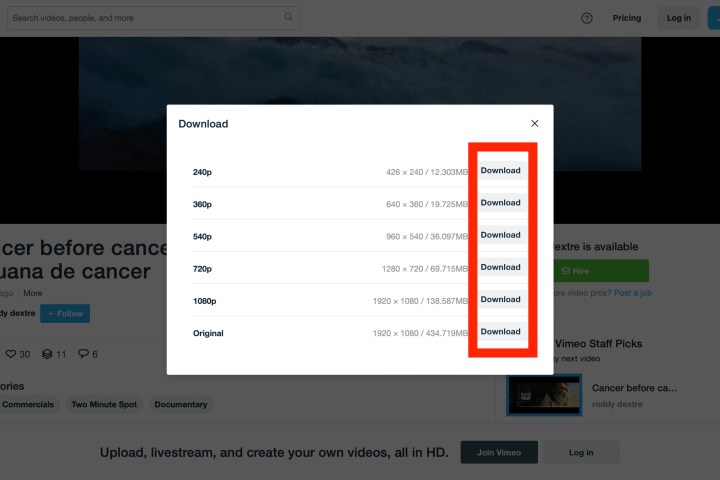 روابط التنزيل المنبثقة على Vimeo.