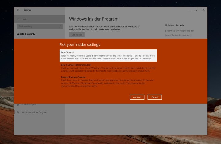 شاشة في برنامج Windows Insider.