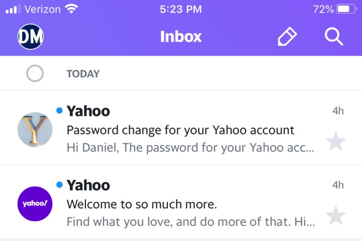 صندوق الوارد للبريد الإلكتروني على هاتف Yahoo المحمول.