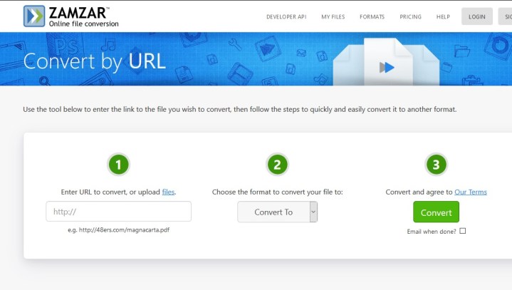 خيار تحديد الرابط على موقع Zamzar.