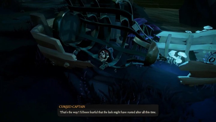 رأس قرصان هيكلي في قفص في بحر اللصوص.