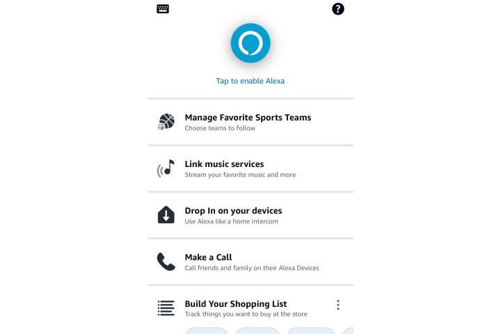 شاشة تطبيق Alexa الرئيسية على iPhone.