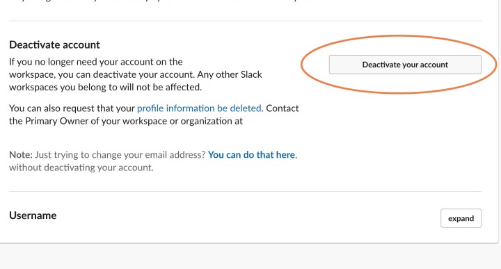 اختر إلغاء تنشيط حسابك في Slack.