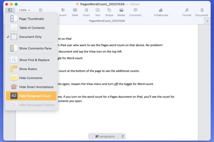 إخفاء عدد الفقرات في قائمة عرض الصفحات على نظام Mac.
