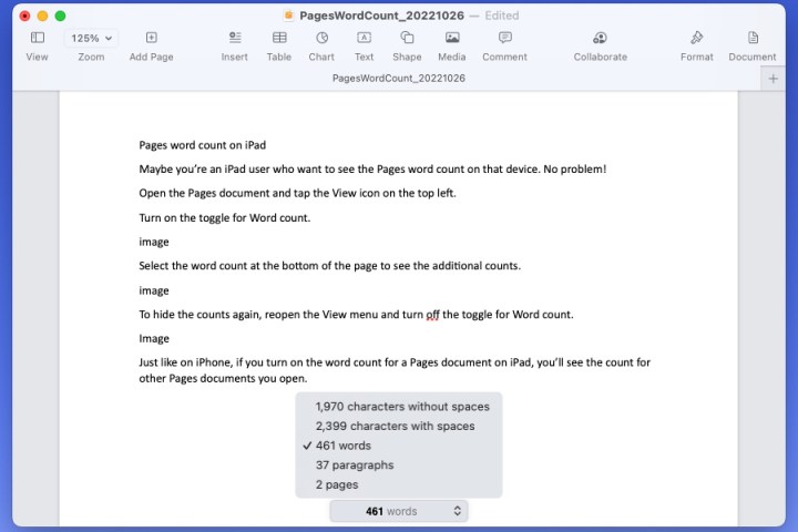 جميع أعداد المستندات في Pages على الـ Mac.