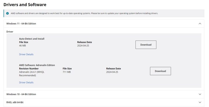 لقطة شاشة لصفحة تنزيل برنامج تشغيل AMD GPU.