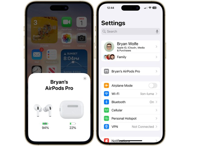 لقطات شاشة تعرض معلومات AirPods على iPhone.
