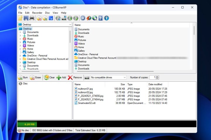 تمت إضافة ملفات البيانات في قائمة CDBurnerXP.