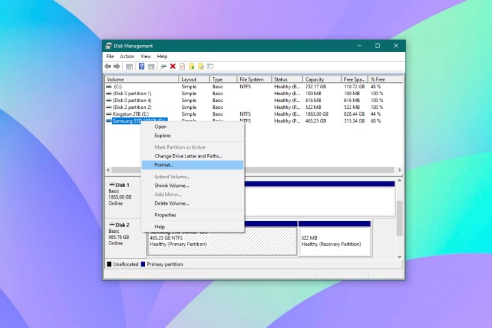 لقطة شاشة للأداة المساعدة لإدارة الأقراص لتنسيق SSD على نظام التشغيل Windows 10.