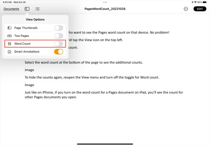 يتم إيقاف تشغيل عدد الكلمات في قائمة عرض الصفحات على جهاز iPad.