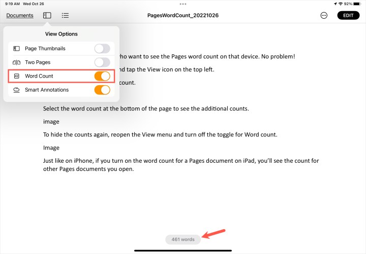تبديل عدد الكلمات في قائمة عرض الصفحات على iPad.