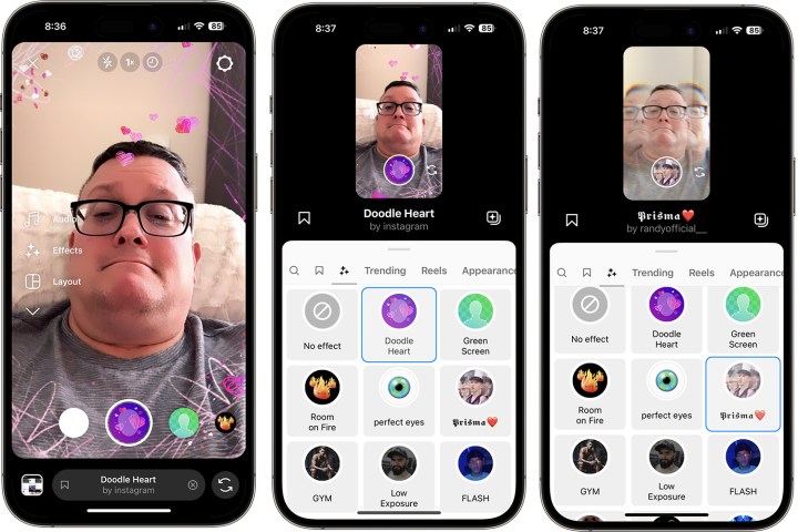 لقطة شاشة توضح كيفية العثور على التأثيرات على Instagram.