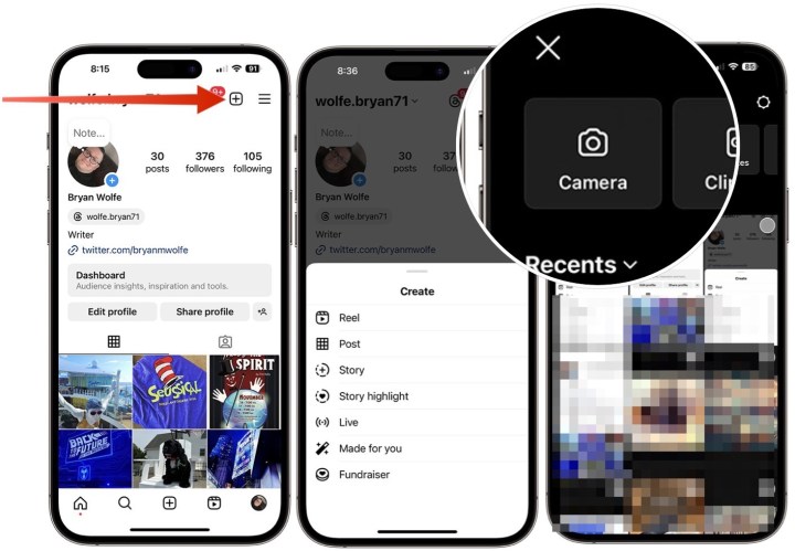 لقطات شاشة توضح كيفية تحديد منشور جديد على Instagram.