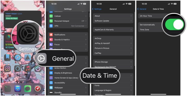 افتح الإعدادات، وحدد عام، وحدد التاريخ والوقت، وتأكد من صحته وأنه تم ضبطه تلقائيًا.