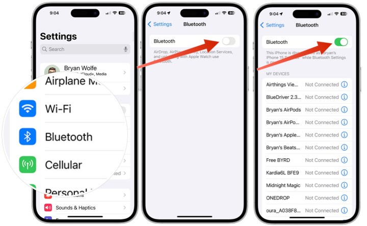 لقطات شاشة توضح كيفية تشغيل/إيقاف تشغيل Bluetooth على iPhone.