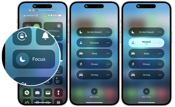 لقطة شاشة توضح إعدادات التركيز على iPhone ضمن مركز التحكم.