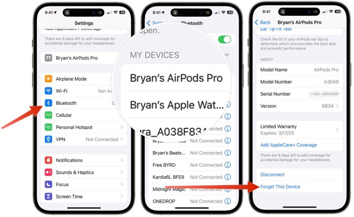 لقطات شاشة توضح كيفية فصل AirPods بجهاز iPhone الخاص بك.