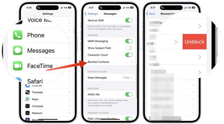 لقطة شاشة توضح كيفية إلغاء حظر شخص ما على iPhone.