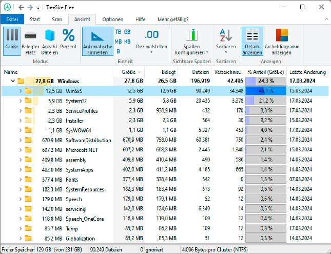 نظام WinSxS موجود على هذا الكمبيوتر الذي يعمل بنظام التشغيل Windows - اطلب überhaupt.  Doch der Eindruck täuscht، denn tatsächlich wird hier Speicherplatz doppelt gezählt.