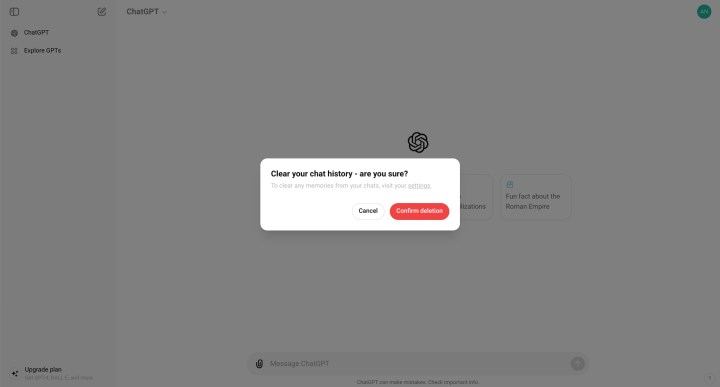 شاشة تأكيد حذف ChatGPT لجميع الدردشات.