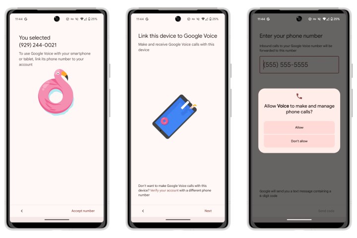 شاشات إعداد Google Voice لنظام Android.