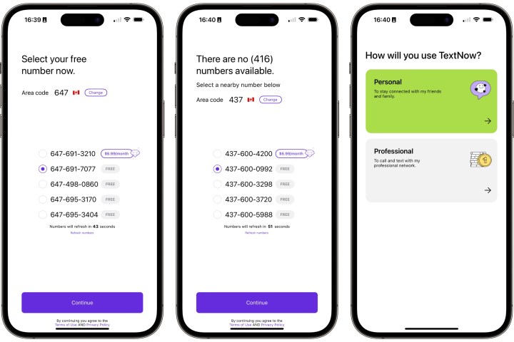 شاشات اختيار رقم TextNow على iPhone.