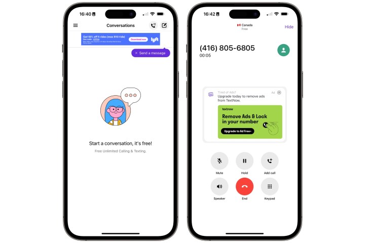 شاشات الرسائل والمكالمات TextNow على iPhone.