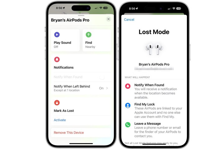 لقطة شاشة توضح الوضع المفقود في تطبيق Find My على iPhone.