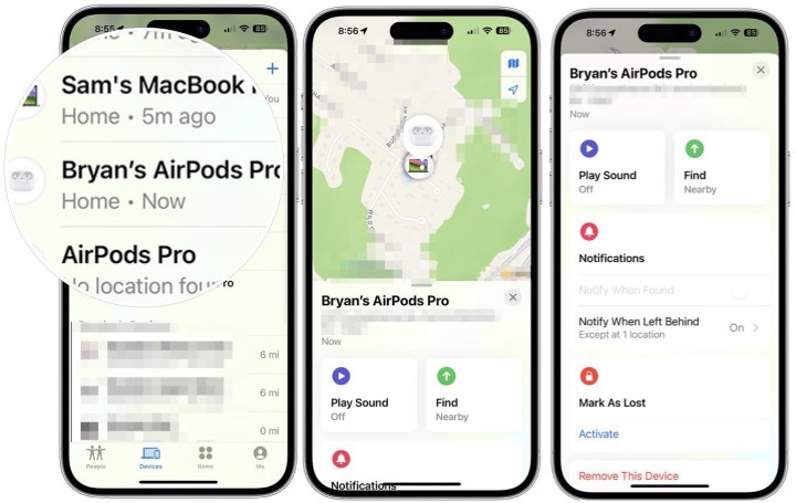 لقطات شاشة توضح خطوات العثور على AirPods المفقودة في تطبيق Find My على iPhone.