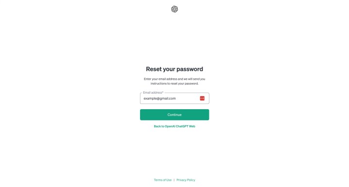 صفحة إعادة تعيين كلمة المرور ChatGPT