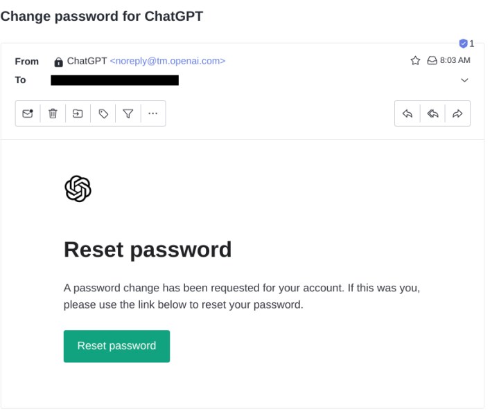البريد الإلكتروني لإعادة تعيين كلمة المرور ChatGPT