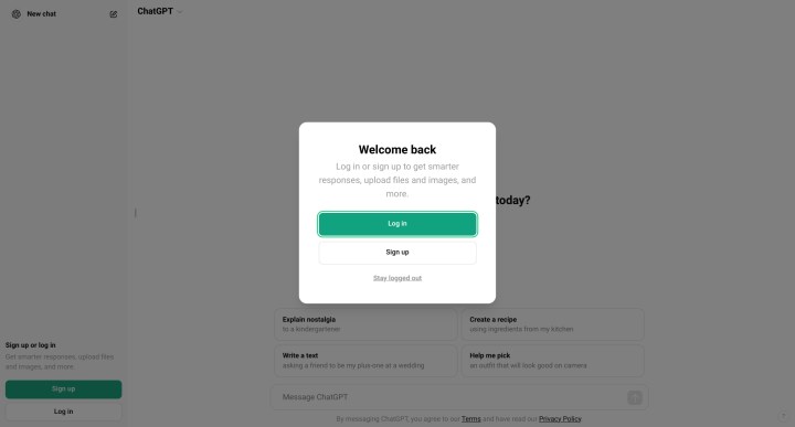 شاشة chatGPT الرئيسية عند تسجيل الخروج