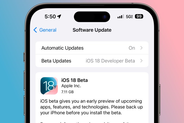 تطبيق الإعدادات على iPhone يعرض الإصدار التجريبي من مطور iOS 18.