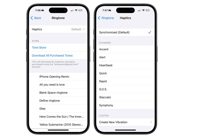 لقطات شاشة توضح كيفية ضبط إعدادات اللمس لنغمات الرنين على iPhone.