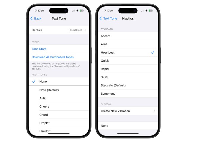 لقطات شاشة توضح كيفية ضبط إعدادات اللمس لنغمات النص على iPhone.