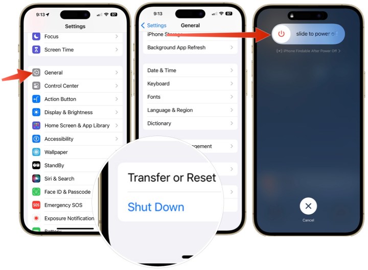 لقطة شاشة توضح كيفية إيقاف تشغيل جهاز iPhone الخاص بك باستخدام تطبيق الإعدادات.