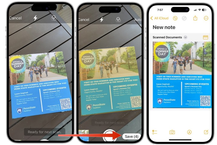 لقطة شاشة توضح كيفية مسح مستند ضوئيًا باستخدام تطبيق iPhone Notes.