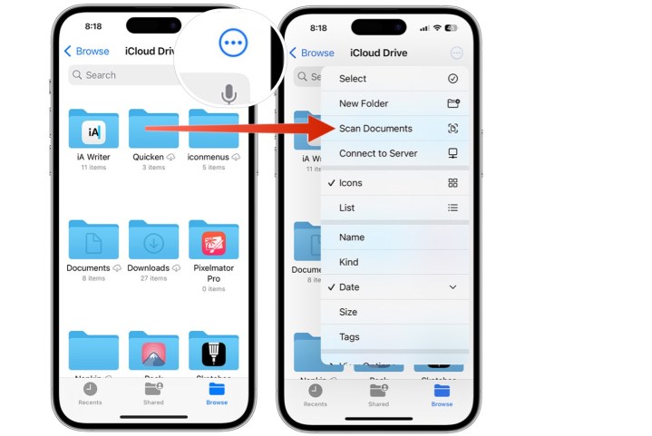 لقطة شاشة توضح خطوات مسح مستند ضوئيًا في تطبيق الملفات على iPhone.