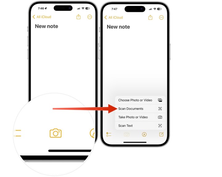 لقطة شاشة توضح كيفية مسح مستند ضوئيًا باستخدام جهاز iPhone باستخدام تطبيق Notes.