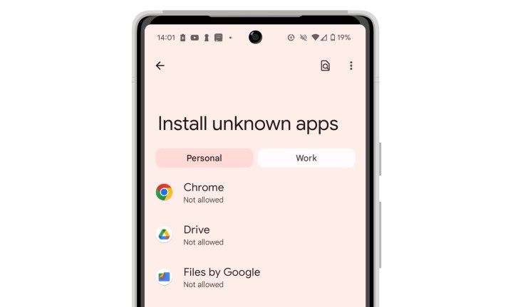 شاشة Android 14 تثبيت تطبيقات غير معروفة تعرض قائمة Chrome وDrive والملفات من Google.