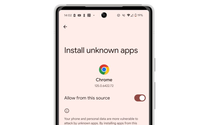 Android 14 تثبيت إعداد التطبيقات غير المعروفة لمتصفح Google Chrome.