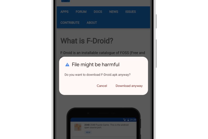 تحذير في متصفح Chrome Android 14 يوضح أن أحد الملفات قد يكون ضارًا.
