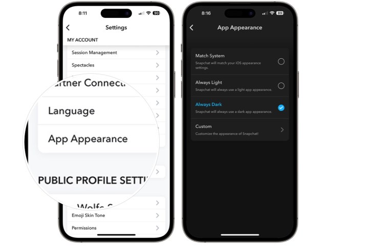 لقطة شاشة توضح كيفية الوصول إلى أوضاع Snapchat المتاحة.