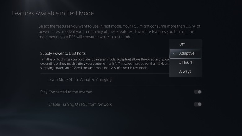 PS5 UI screenshot showing adaptive charging option in the settings menu