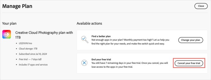 يمكنك إلغاء الخطة على صفحة Adobe Manage Plan على الويب.