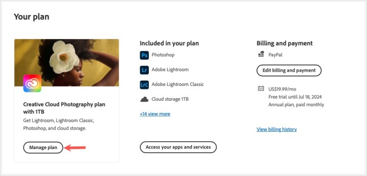 إدارة الخطة على صفحة حساب Adobe على الويب.