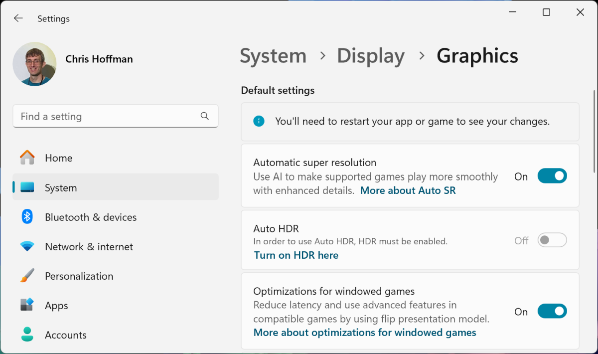 الدقة الفائقة التلقائية في إعدادات عرض الرسومات في نظام التشغيل Windows 11