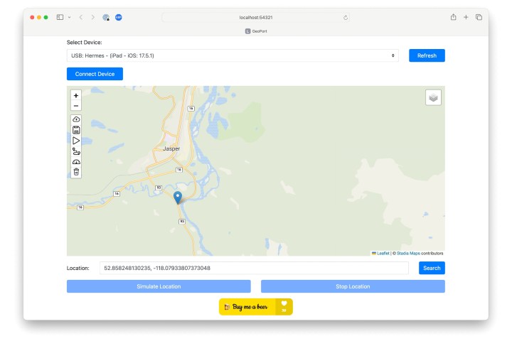 يُظهر GeoPort في Safari على نظام Mac موقع iPhone المضبوط على Jasper، Alberta، Canada.