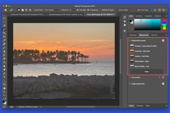 إعدادات التعديل في الفوتوشوب.